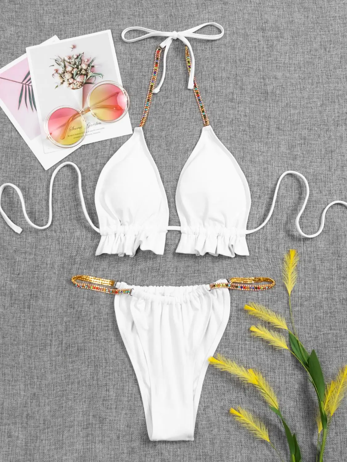 

Lady's bikini, crystal coloured diamond chain, monochrome, sexy bikini