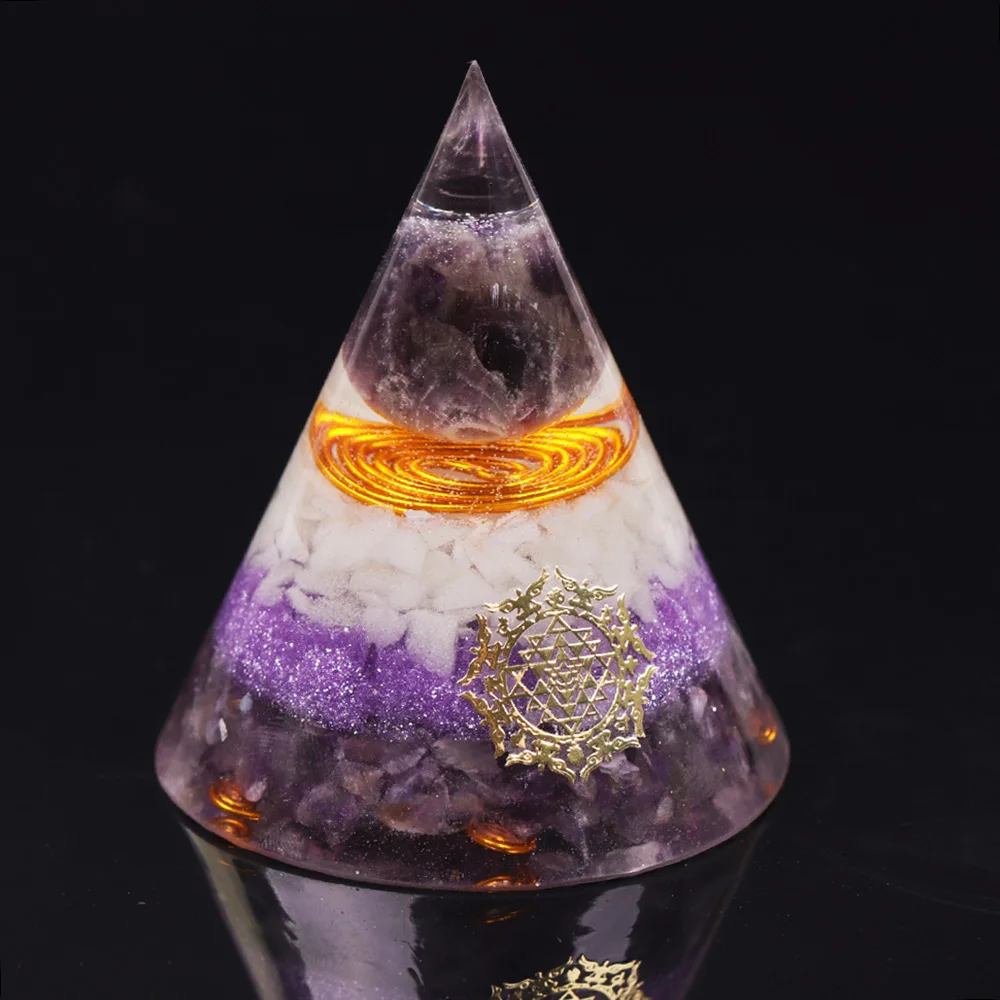 Orgonite Pyramid Amethystine With Copper Luminous Chakra Energy Handmade Resin Decorative Craft Jewelr |