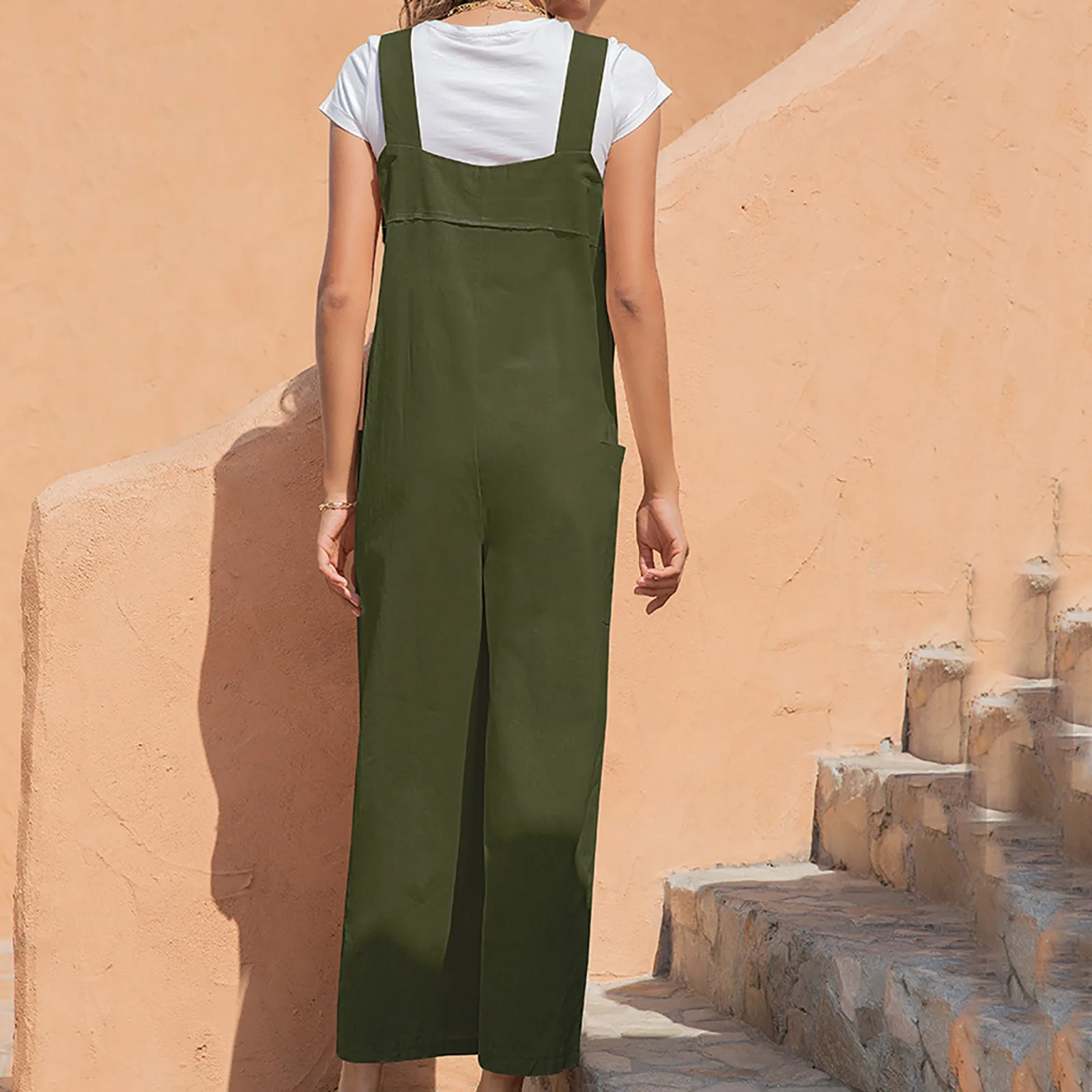 

Vintage Long Jumpsuits Women Sexy Sleeveless Straps Buttons Overalls 2021 Summer Wide Leg Trousers Solid Romper Casual Playsuits