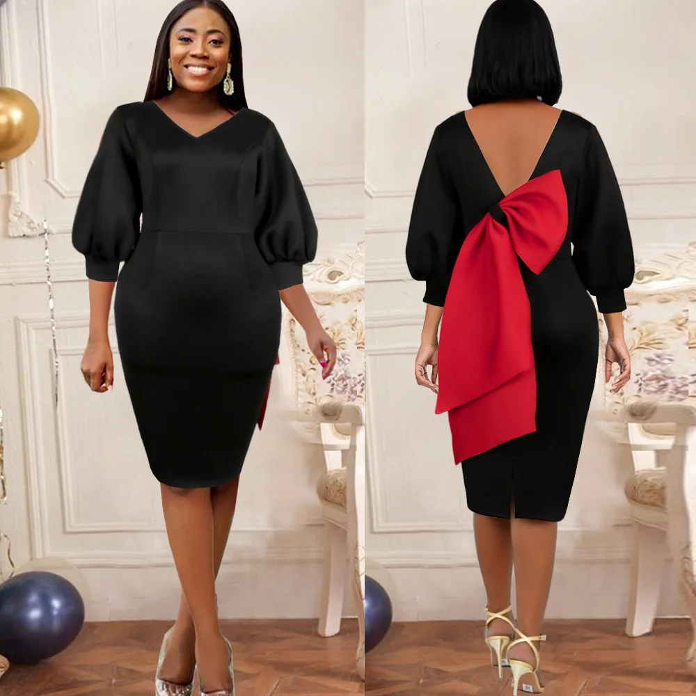 

Women Bow elegant Dress Backside Three Quarter Sleeves V Neck Bodycon Knee Length Dinner evening Party dress vestidos 2021