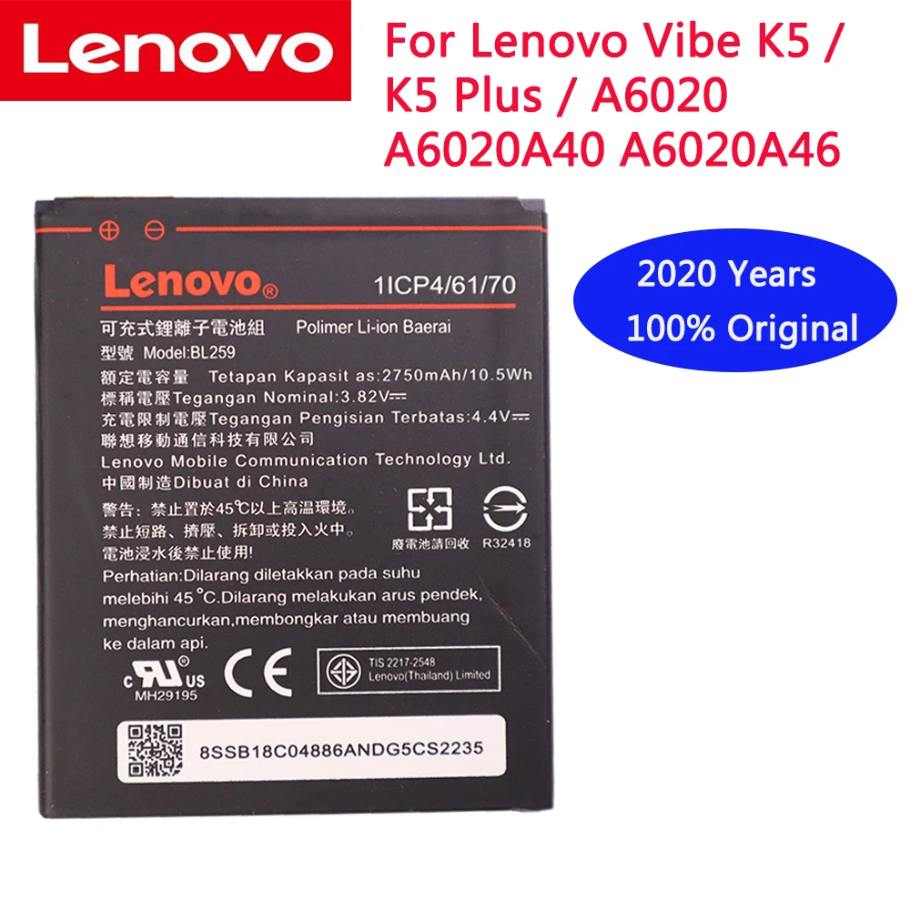 

2020 Years 100% Original BL 259 Tested New 3.82V 2750mAh BL259 For Lenovo Vibe K5 / K5 Plus / A6020 A6020A40 A6020A46 Battery