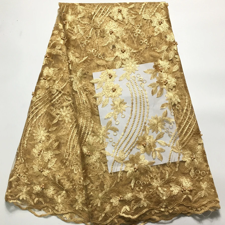 

Золотая африканская кружевная ткань 2022 высококачественное кружево с бусинами 5 ярдов AM44272 широкая вышивка нигерийская кружевная ткань для ...