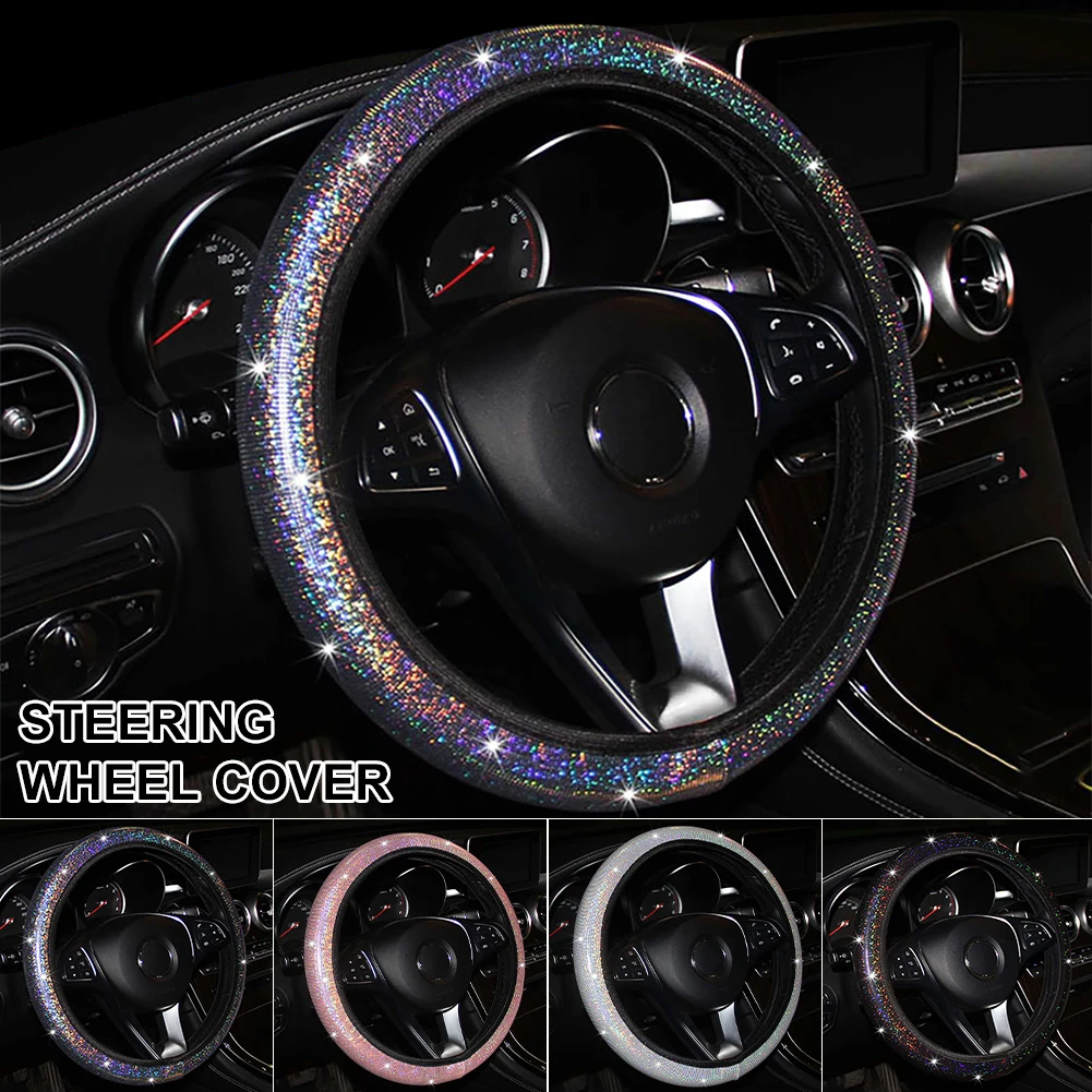 

15" Universal Car Steering Cover PU Leather Protective Cover 37-38cm Bling Diamond Shiny Car Interior Decoration Fast delivery