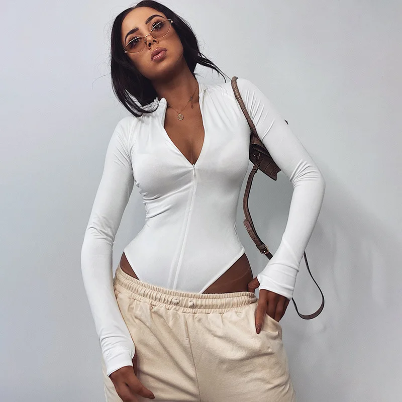 

2021 Spring Autumn One Piece Bodysuit Women Sexy Slim Base Zipper Long Sleeve Bodysuit Solid Color Bottoming Shirt Body Feminino