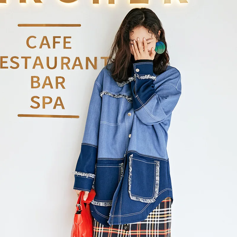 [EWQ] с длинными рукавами со вставками соединением внакрой бахрома Цвет Синий