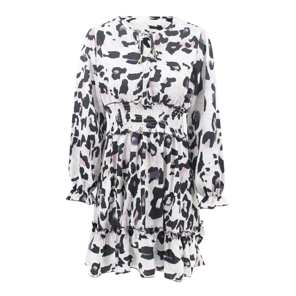 Fashion Women'S Lapel Puff Sleeve Dress Leopard Print Short Party Club Sports Casual Loose Comfort Z1125 | Женская одежда