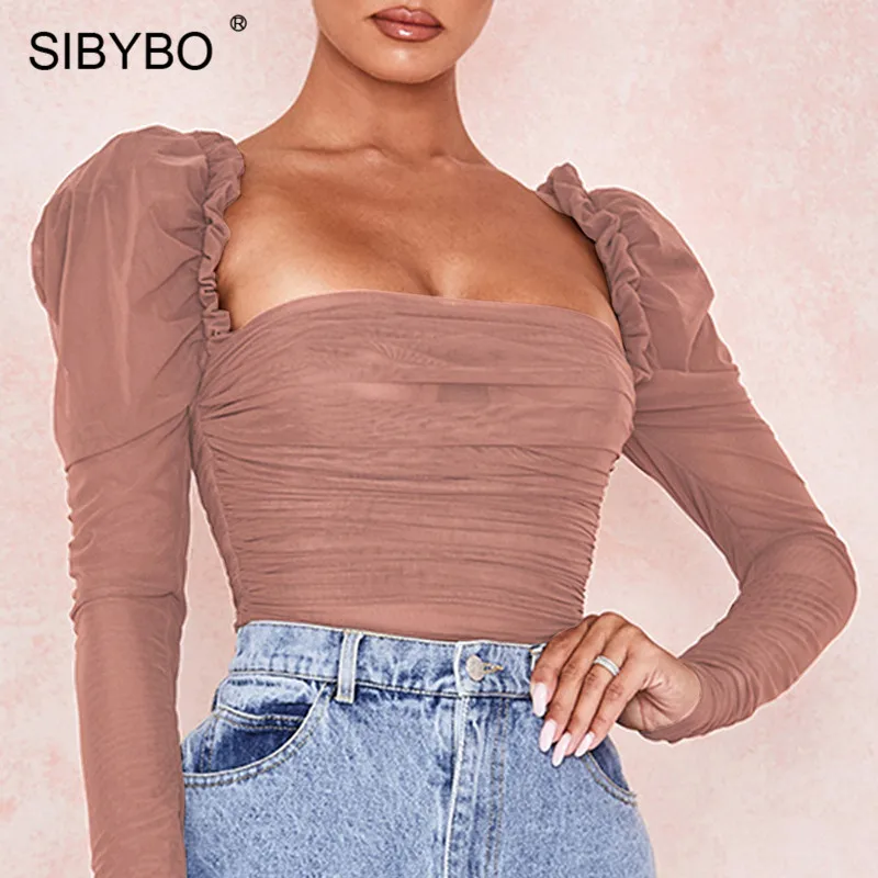 SIBYBO сетчатый прозрачный для стройных сексуальное боди женщин с длинным рукавом и