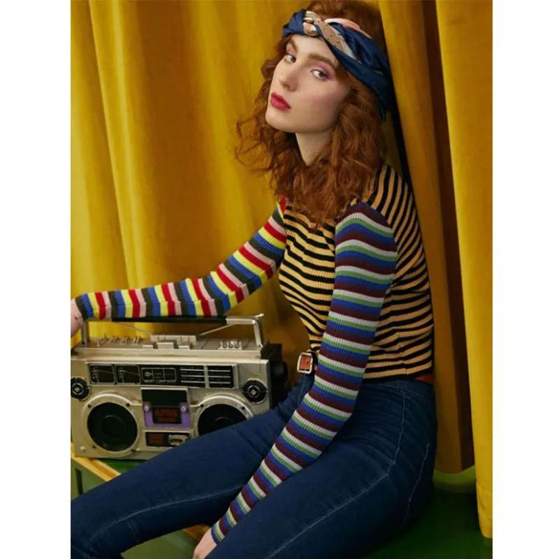 ZAFUL один размер контрастные радужные полосы укороченный свитер тонкий короткий