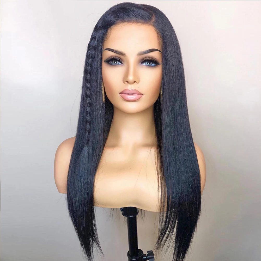 

180% Density Soft Glueless 26Inch Long Yaki Straight Synthetic Lace Front Wig For Black Women PrePlucked BabyHair Daily Cosplay
