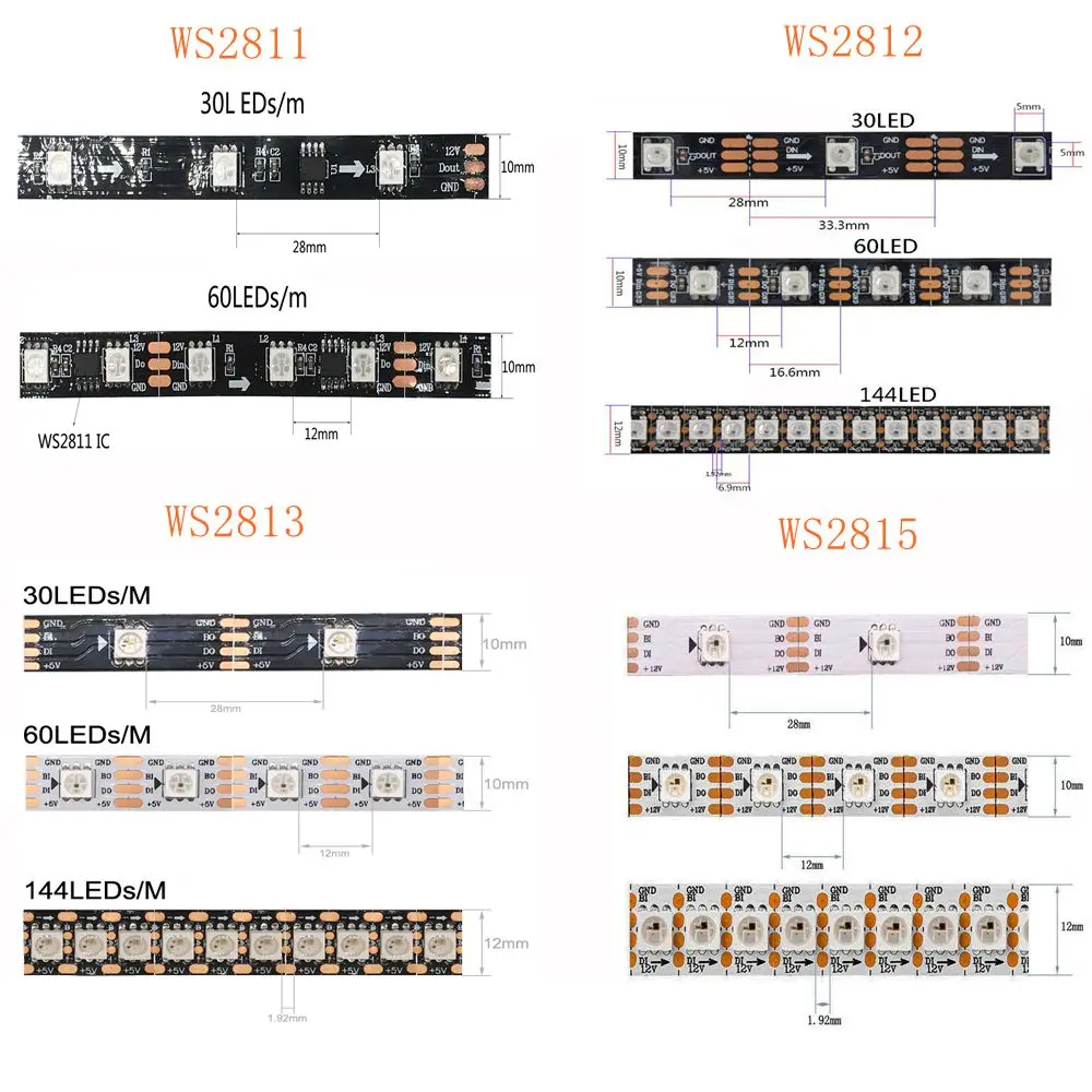 WS2811 WS2812B WS2813 WS2815 RGB LED Strip Individually Addressable Tape Light 1m/5m 30/60/144Leds/m DC5V /12V | Освещение