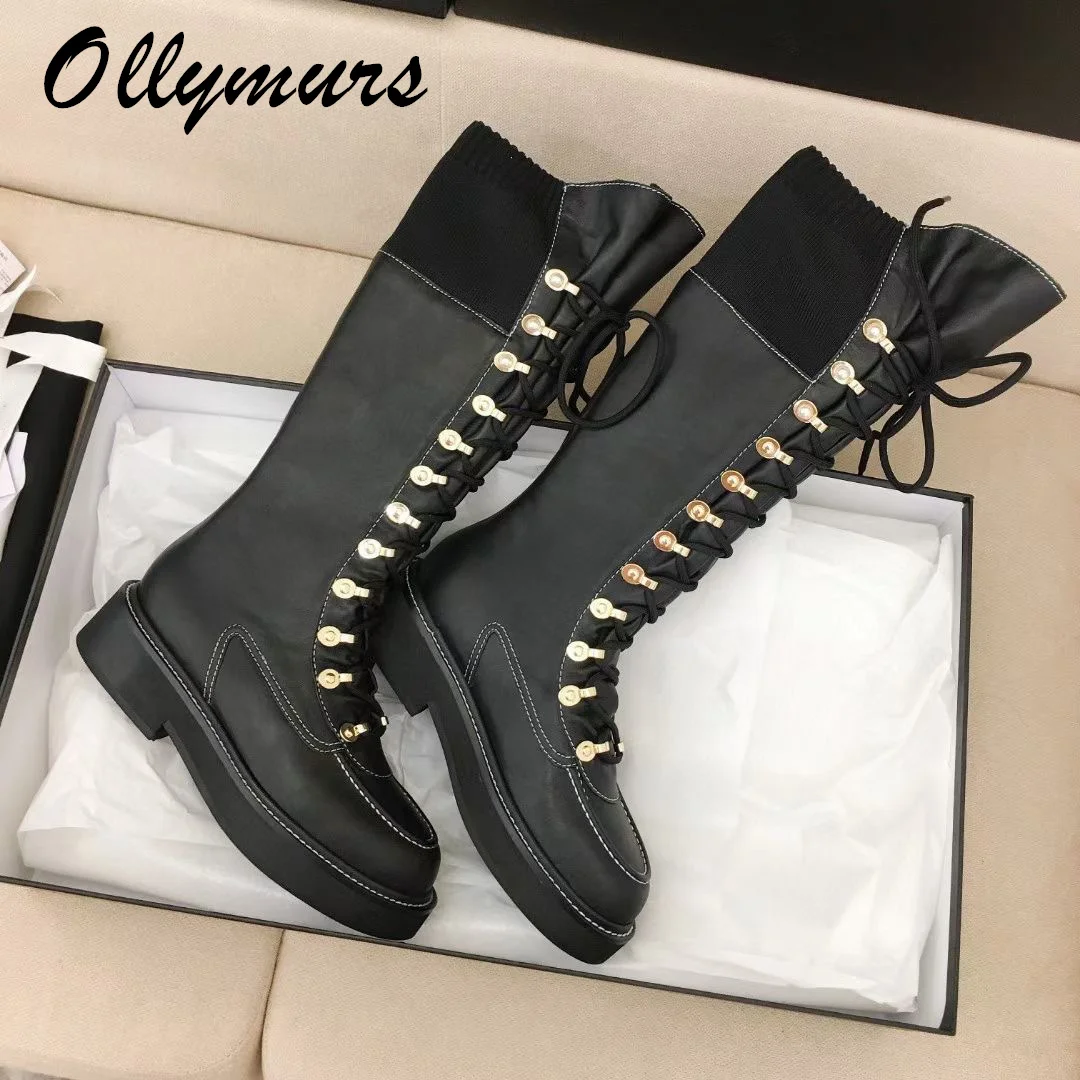 

Женские сапоги до колена на шнуровке, с круглым носком