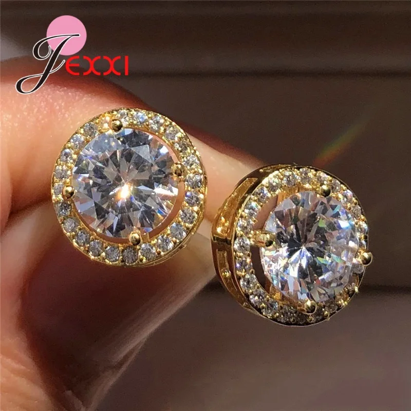 Модные женские серьги-гвоздики белые стразы круглый кристалл 925 пробы серебро