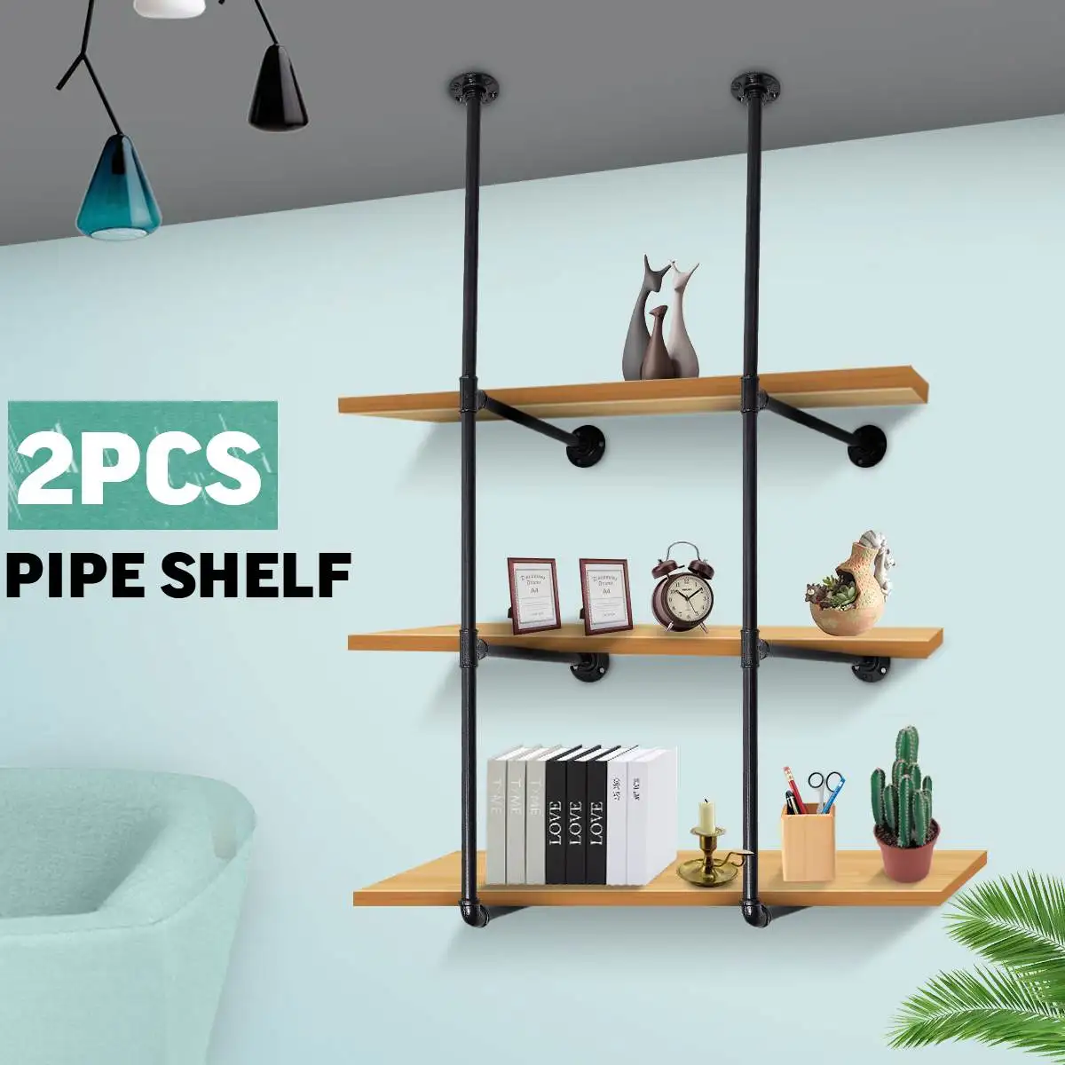 

2pcs 3 layer DIY Industrial Retro Style Bookshelf Wall Ceiling Mounted Storage Shelves Bracket Black Iron Pipe Shelf Home Decor