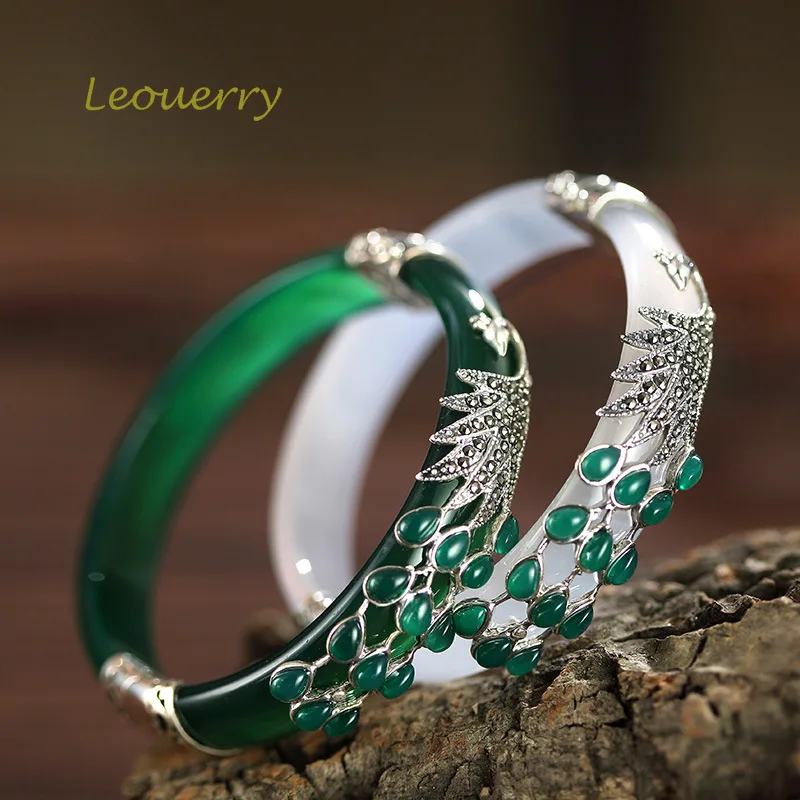 

Leouerry 925 Sterling Silver Peacock Bangle Inlaid Marksay Stone Natural Chalcedony Agate Open Bangles for Women Luxury Jewelry