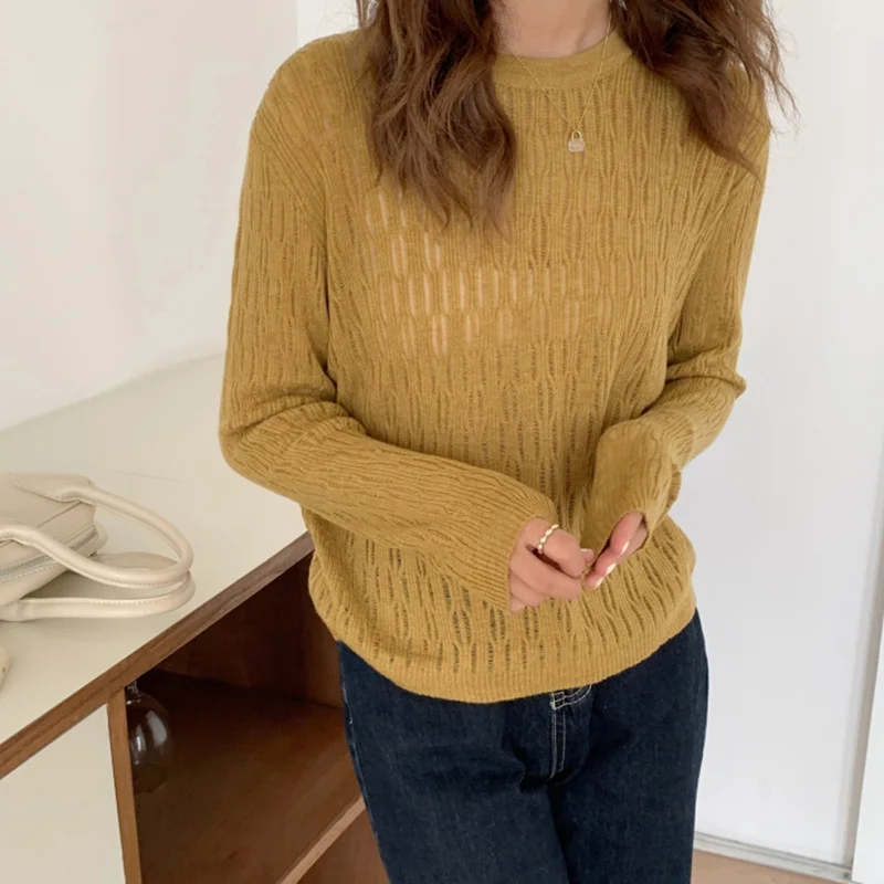 

Autumn Winter Long Sleeve Striped Pullover Women Sweater Knitted Sweaters O-Neck Mesh Tops Pull Femme Jumper Female