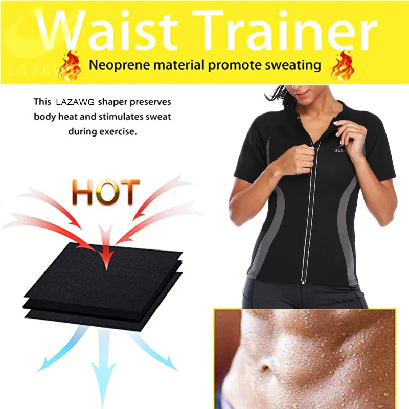 LAZAWG Women Hot Neoprene Vest Slimming Sweat Top Short Sleeve Workout Thermo Top Sauna Sweat Shirt Fat Burn Tops Weight Loss