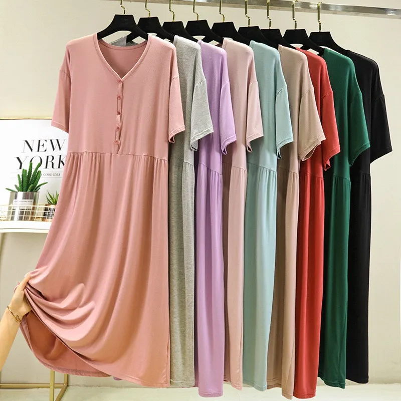 Korean Style Loose Nightgowns Women Short Sleeve Modal Sleepwear Comfortable Summer Night Dress Buttons Ladie's Nightshirt