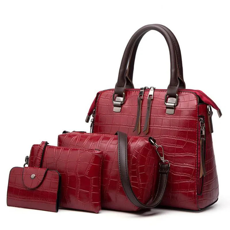 4Pcs Women Pattern Leather Handbag+Crossbody Bag+Messenger Bag+Card Package solid zipper Ladies Solid handbags set bolso mujer | Багаж и