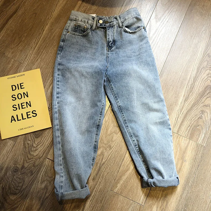 Джинсы женские с завышенной талией тонкие длинные широкие брюки из денима в