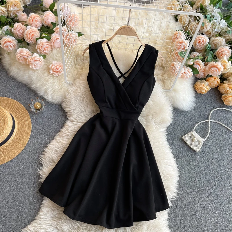 

Women New Fashion Vintage Cross V-neck Sleeveless High Waist Slim Mini A-line Dress Solid Color Clothes Vestidos R665