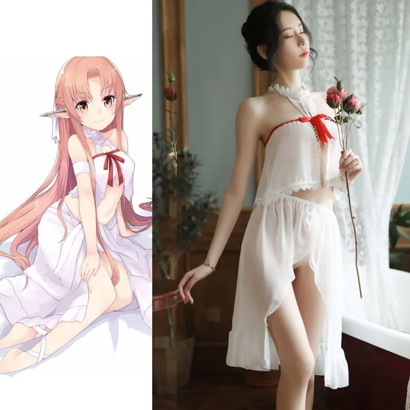 

Anime SAO Sword Art Online Yuuki Asuna Cosplay Costume Lolita Girls Sleepwear Set Sexy Chiffon Nightdress Wholesale