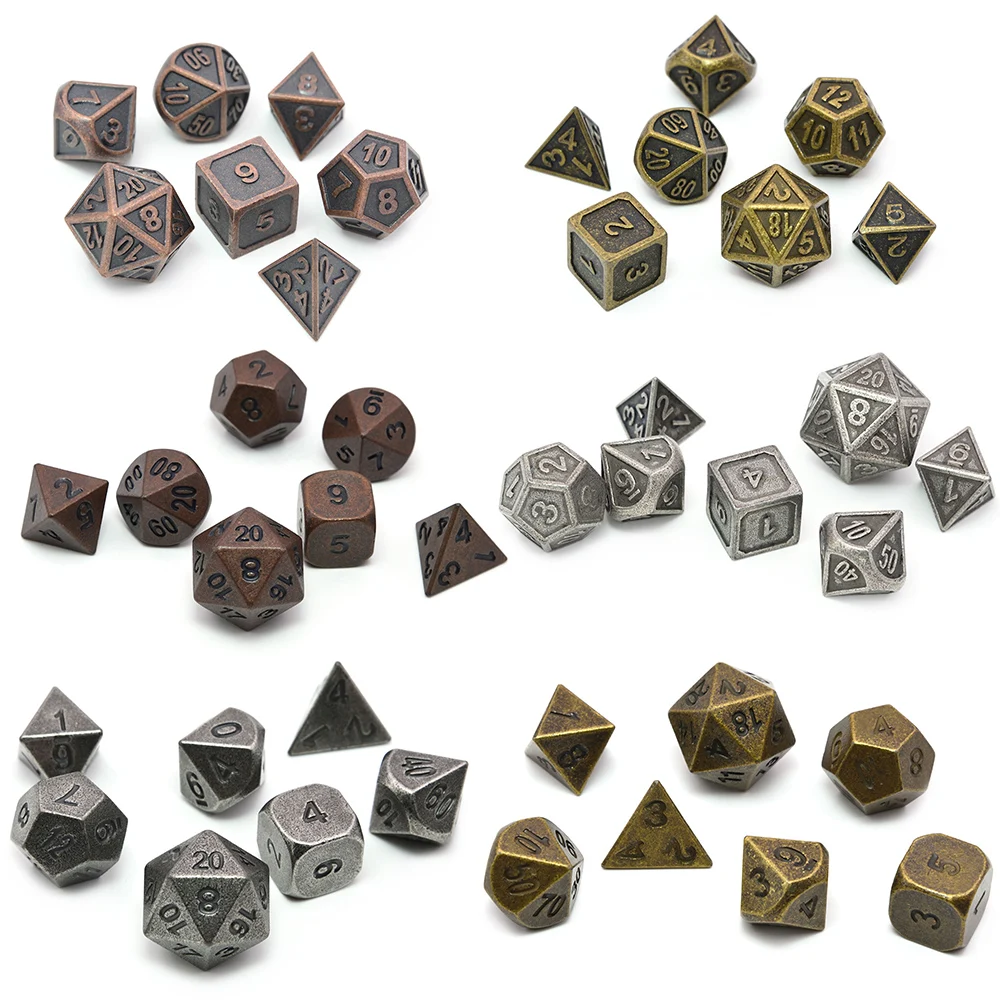 Многогранные металлические игральные кости набор из 7 предметов с черной сумкой