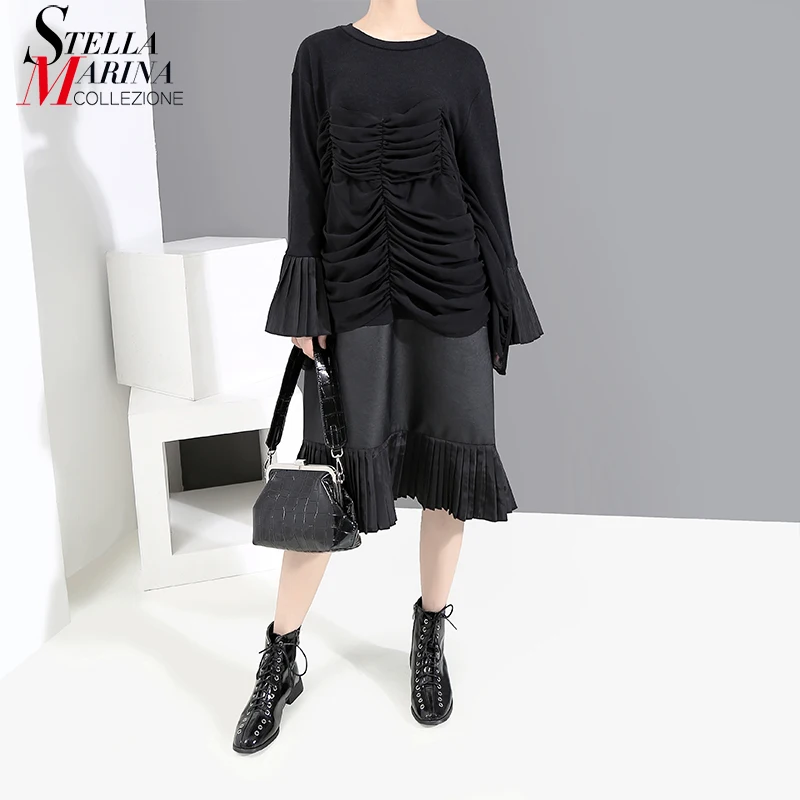 Новинка 2019 Женское зимнее черное плиссированное платье с длинными расклешенными