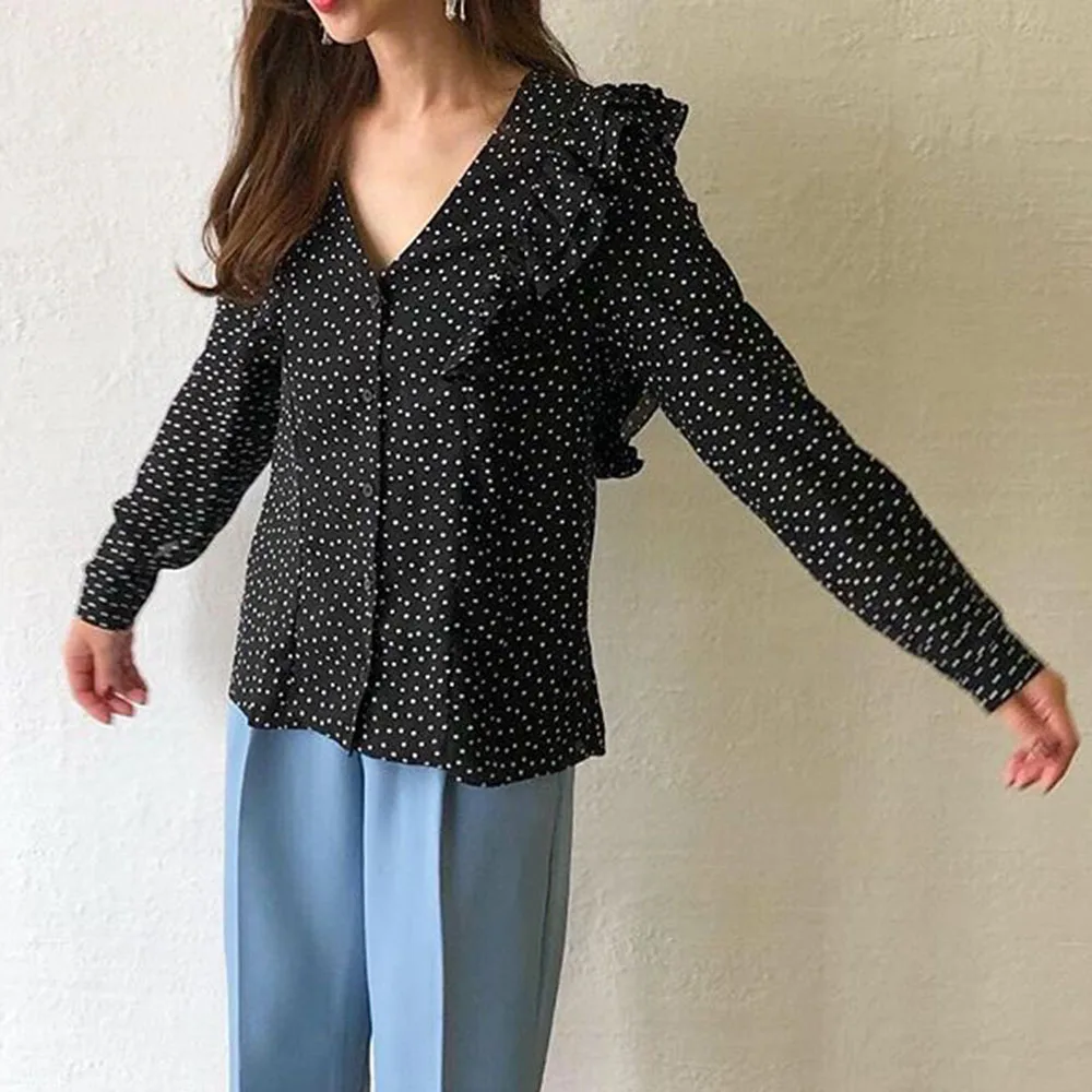 Корейская шифоновая блузка для женщин 2020 с длинным рукавом круглым вырезом