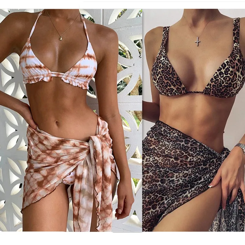 

Sexy 3 Piece Swimsuit Women Tie Dye Push Up Padded Biquini Brazilian Summer Bathing Suit Thong Bikini 2021 Swimwear Women Skirt