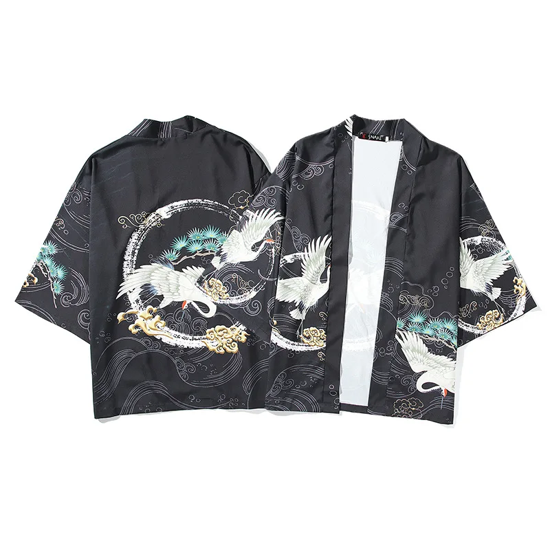 

Chinese Men Print Crane Summer Thin Hanfu Ancient Short Tang Shirt Japanese 3/4 Sleeve Kimono Loose Tops Retro Robe Gown Coat
