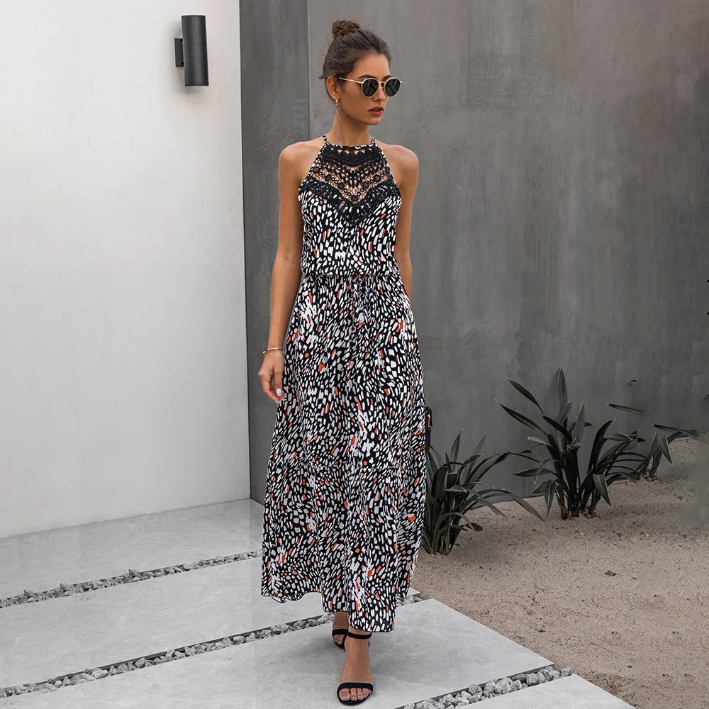 2020 New Summer Women Dress Floral Printed Boho Maxi Elegant Ladies Beach Sundress Sexy Hollow Out Lace vestidos Q30 | Женская одежда