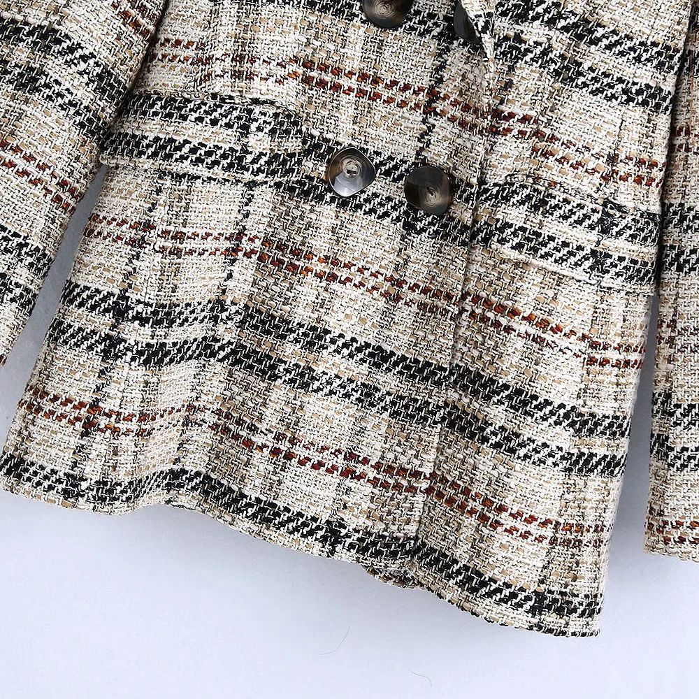 

2021 spring and autumn Khaki British style autumn new women's double breasted retro plaid texture suits Blazers