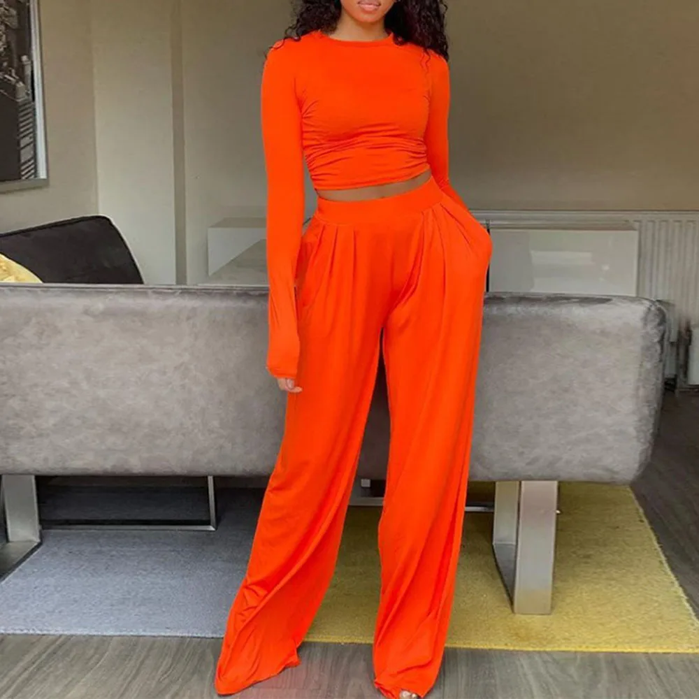 

2021 Summer New Europe America Two Piece Sets Solid Color Oversize African Loose Casual High Waist Round Neck Long Sleeve