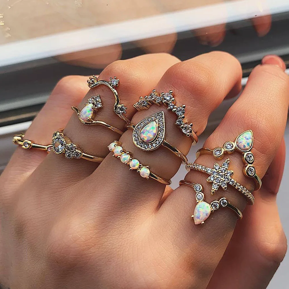 

10 Pcs/set Crystal Opal Crown Moon Star Rings Set for Women Geometric Fashion Gold Color Heart Finger Rings Boho Charm Jewelry