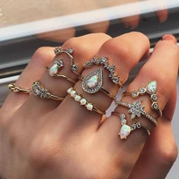 10 pcsset crystal opal crown moon star rings set for women geometric fashion gold color heart finger rings boho charm jewelry