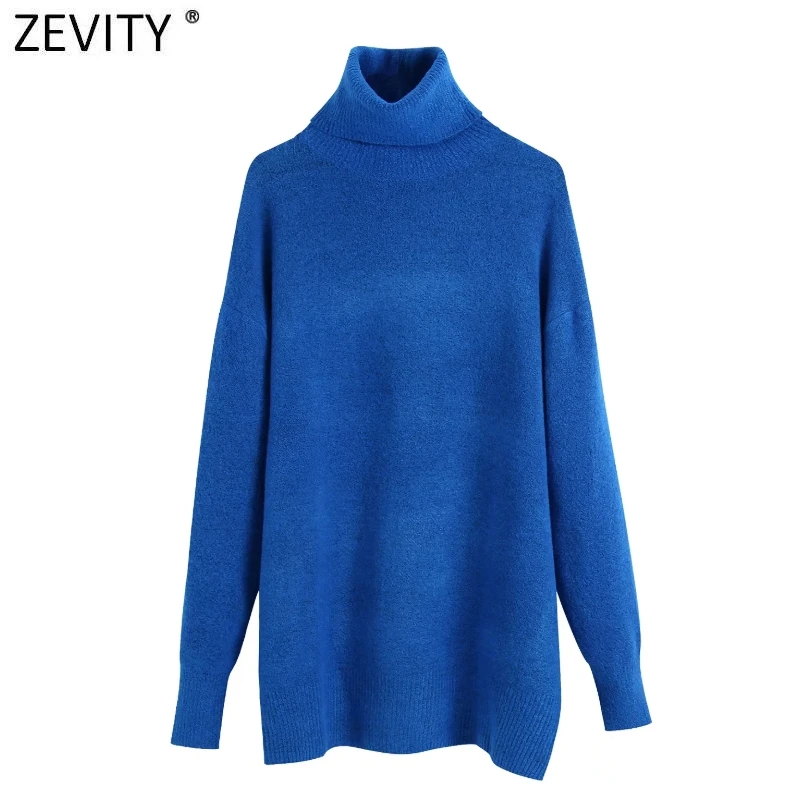 

Женский простой однотонный синий Повседневный Свободный вязаный свитер Zevity, Женский шикарный пуловер в стиле Хай-стрит с высоким воротнико...