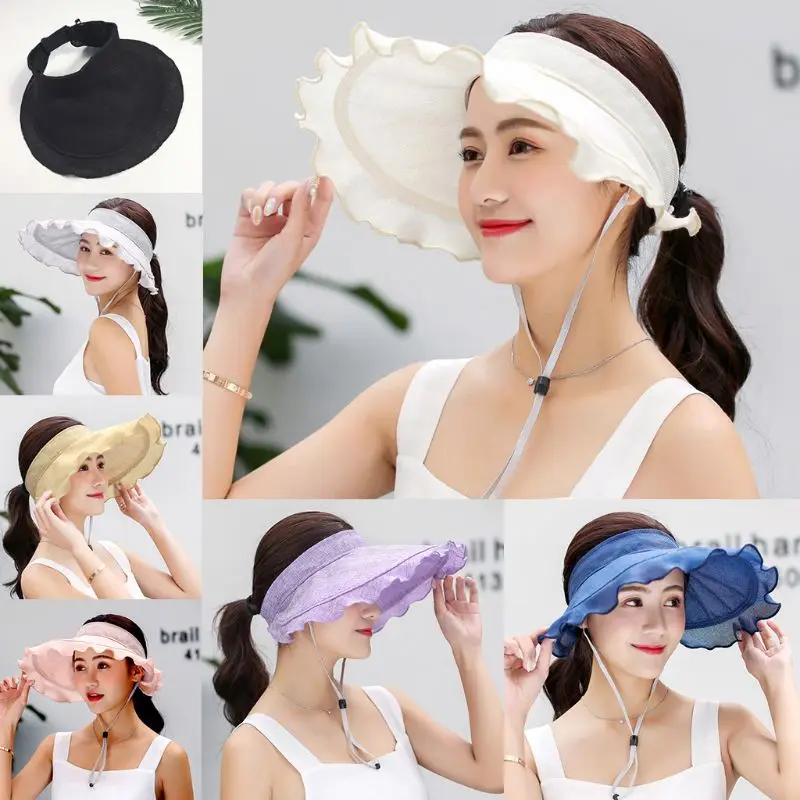 

Women UV Protection Sun Visor Hat Empty Top Ruffles Wide Brim Foldable Beach Cap