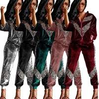 2021 new women sets leopard patchwork tracksuits velvet 2 two pieces fashion long sleeve coats jogger pants sportswear