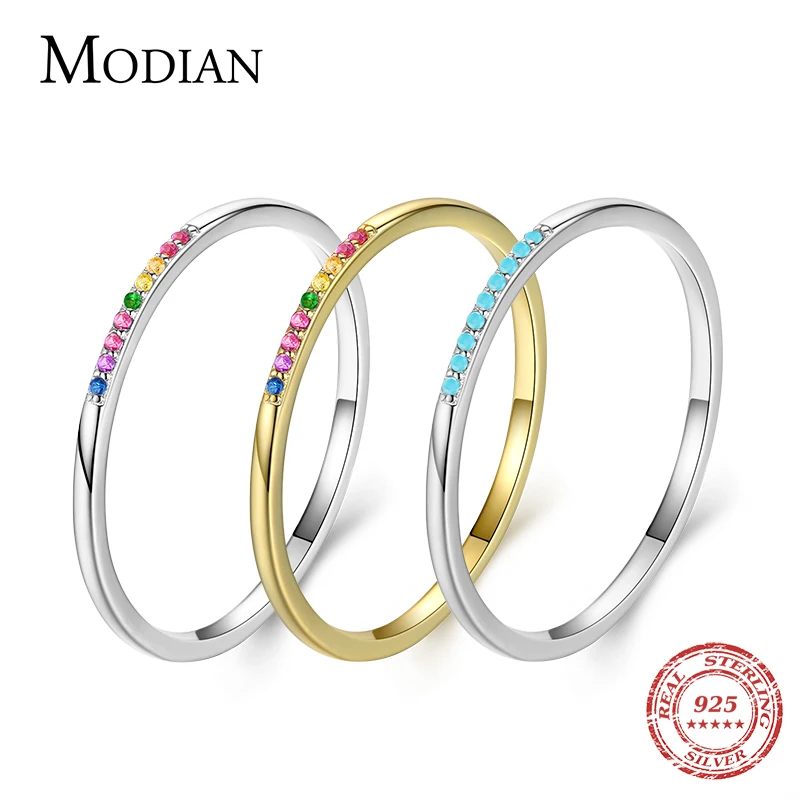 

Modian New Real 925 Sterling Silver Trendy Rainbow CZ Stackable Colorful Finger Rings For Women Female Wedding Statement Jewelry