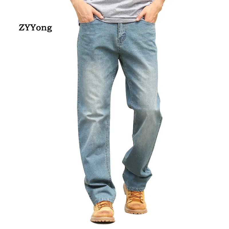 Summer Thin Section Baggy Brand Men Jeans Straight Large Size Elastic Comfortable Denim Pants Hip Hop Streetwear Blue Trousers | Мужская