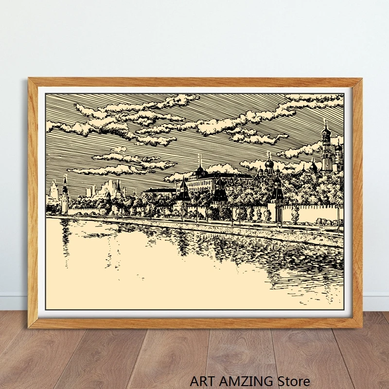 Картина на холсте с изображением Москвы России Кремля высотных зданий СССР