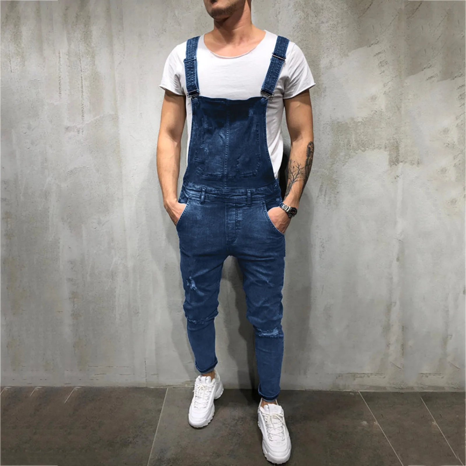 

Комбинезон мужской джинсовый потертый, повседневный рваный комбинезон из денима с широкими штанинами