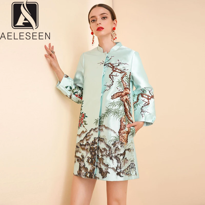 AELESEEN Весна Офисная Женская ветровка подиумная Роскошная Цветочная вышивка воротник стойка винтажное длинное пальто для женщин