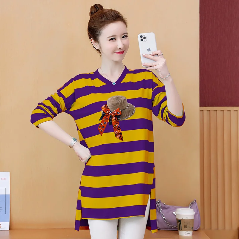

Striped Cotton Plus Size Oversized Long Sleeve Top Korean Fashion Women'S T-Shirt Female Vintage Clothing Blouses 2021 Kawaii