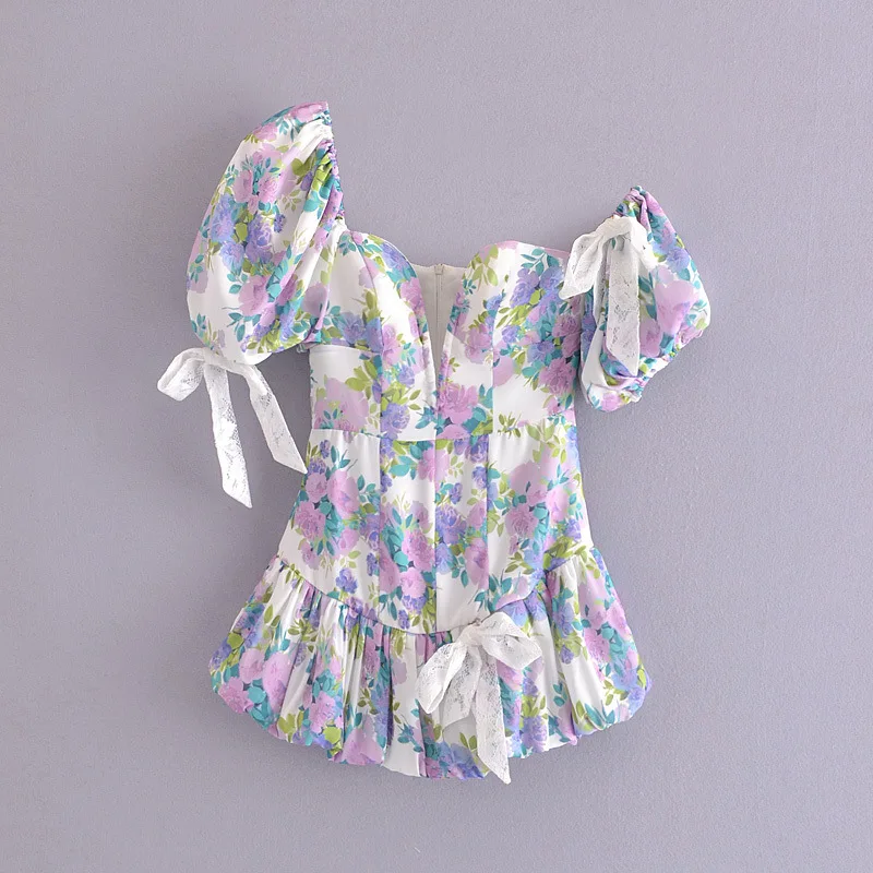 

Summer Women Puff Sleeve Boho Mini Dress Flounced Edge V-Neck Fashion Sexy Print Elegant Beach Holiday Dresses Female 2021