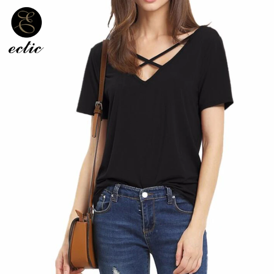 Глубокий V Образным Вырезом Погружение Футболка Женщина Хипстер Одноцветный