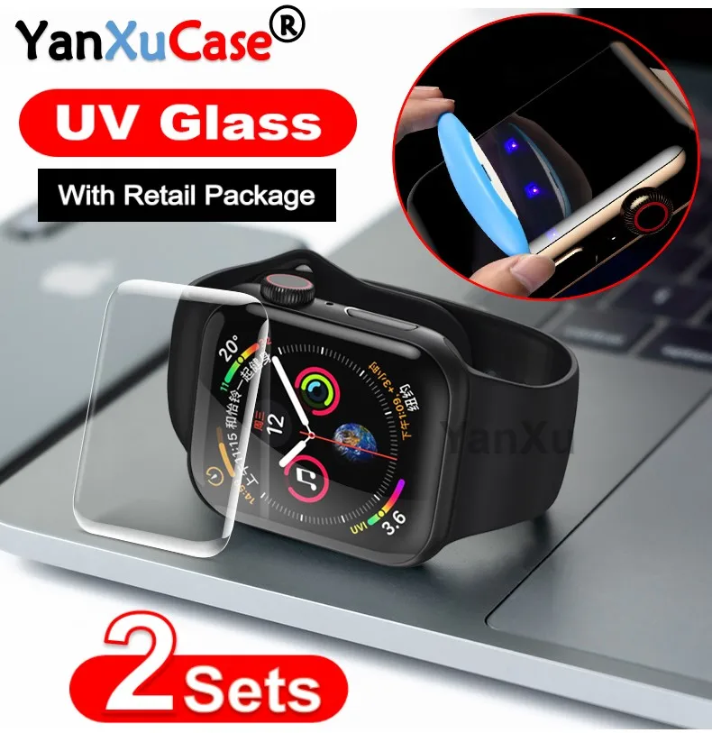 2Pcs UV Glass For Apple Watch Series SE 6 5 4 40mm 44mm Screen Protector Liquid Glue Full Cover Film For i Watch 3 2 1 42mm 38mm