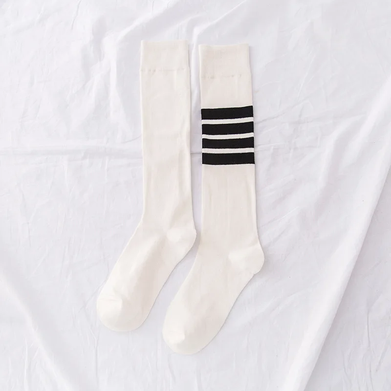 

4 Pairs Women Cotton Socks Pack Set High Tube Stripes White&black&Grey Hose Female Fashion INS Street Long Calf Cotton Stockings