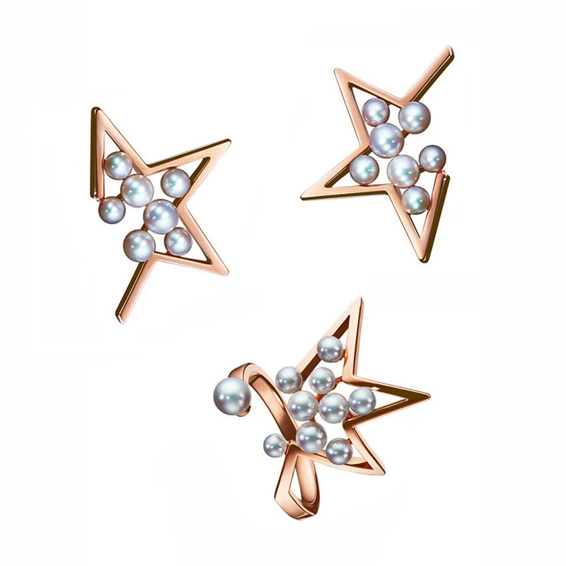 

Goddess star with abstract star earrings pentagram artificial pearl champagne rose gold earrings