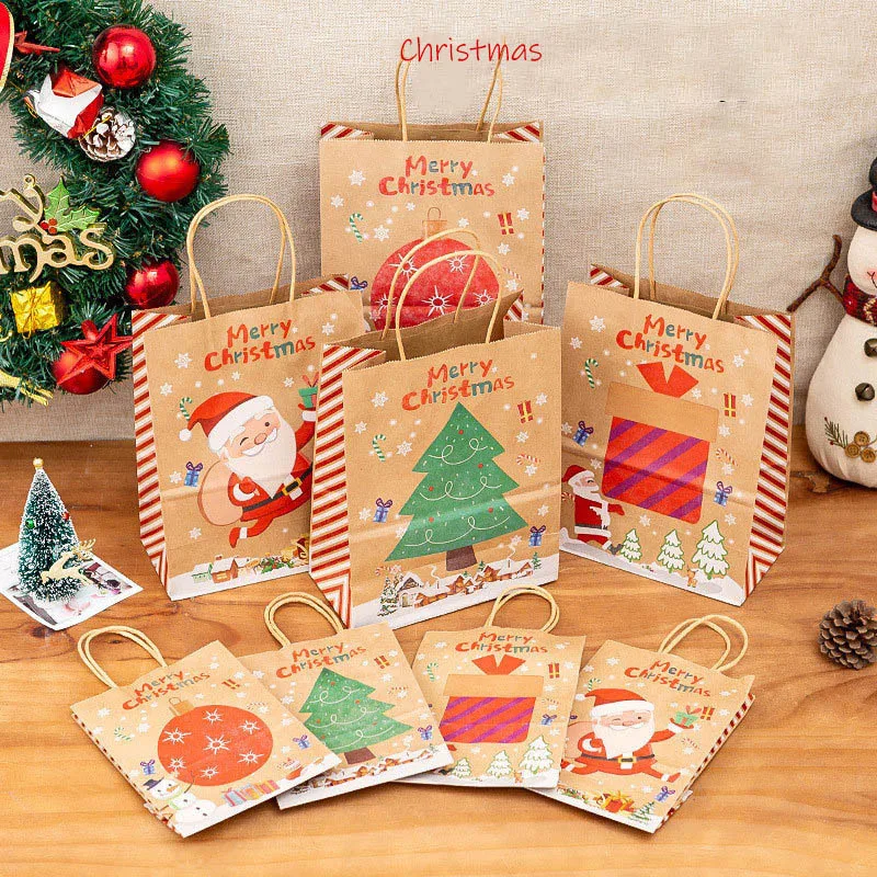 

12sets Christmas Kraft Paper Gift Bags Party Favor Treat Packing Set Cookies Pouch with Xmas Stickers Red Fox Snowman
